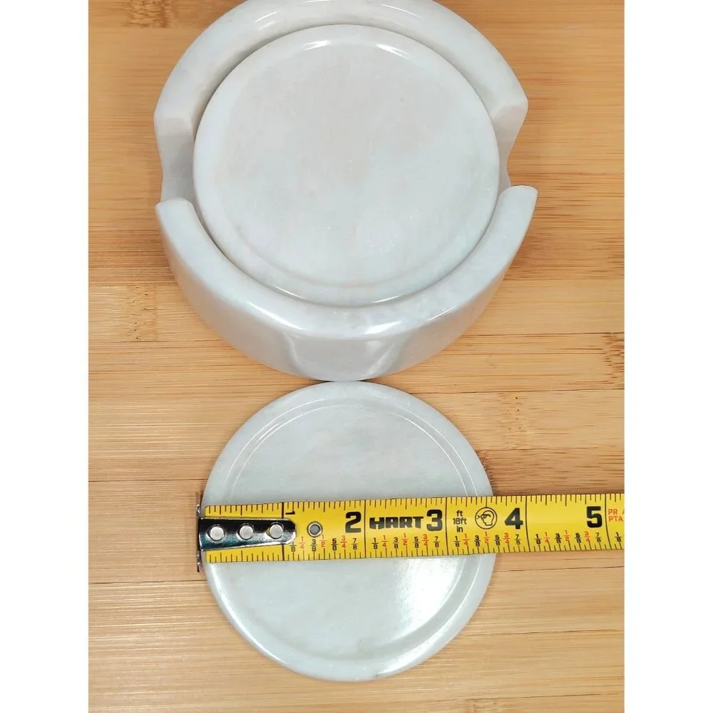 Set of 6 White Carrara Marble Stone Beverage Drink Coasters w/ Matching Base